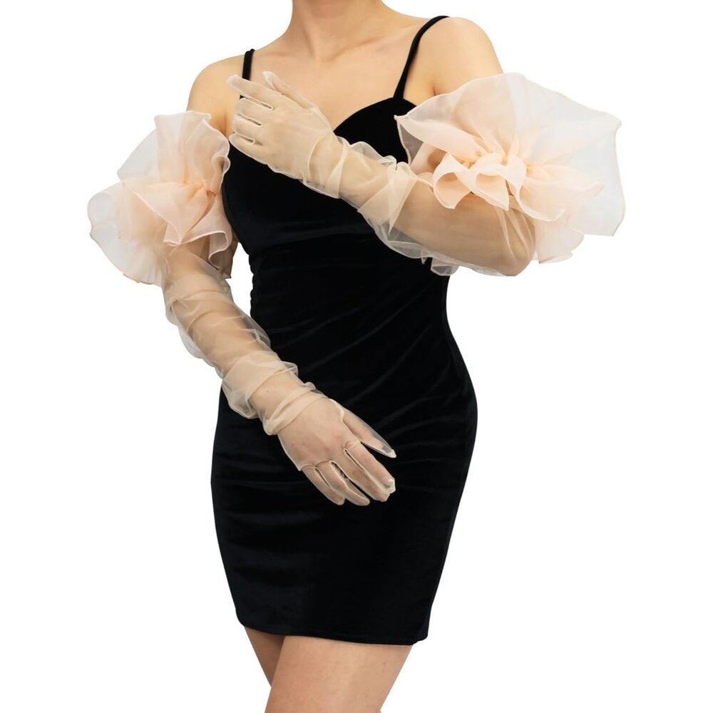 Women's Ruffle Champagne Tulle Puff Mesh Sheer Long Sleeve Gloves Cocktail Prom